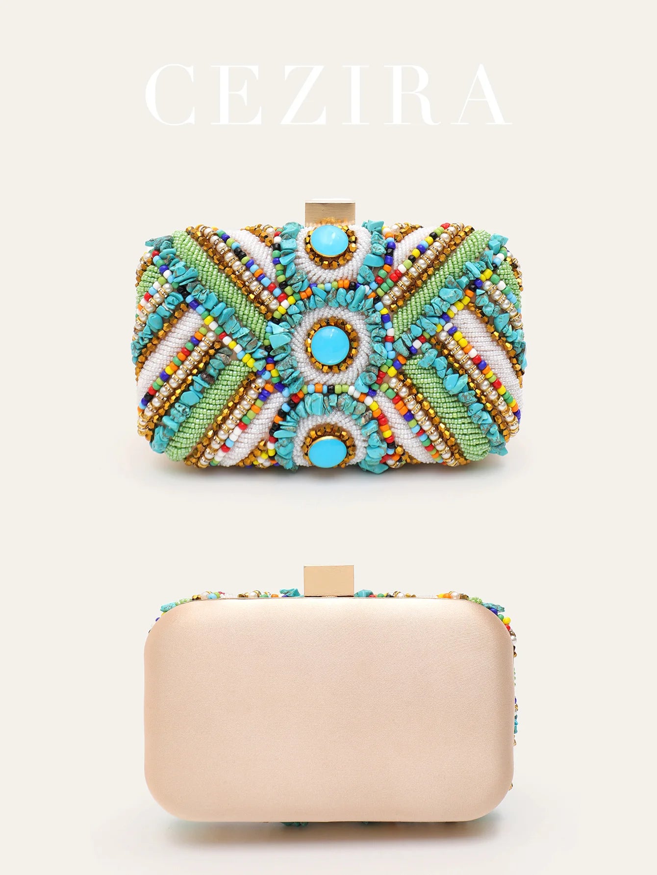 Women's Glamorous Luxury Colorful Beads Pearls Clutch Metal Frame Case Evening Bag Long Chain Purse Party Holiday Travel Tribal
