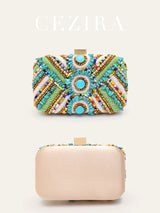 Women's Glamorous Luxury Colorful Beads Pearls Clutch Metal Frame Case Evening Bag Long Chain Purse Party Holiday Travel Tribal