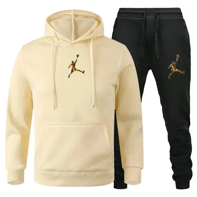 A 2-piece men's outdoor fitness sportswear set featuring a hooded long-sleeved sweatshirt, pullover and casual pants for autumn
