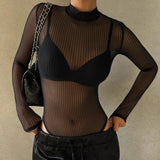 See Through Bodysuit Backless Hollow Out Transparent Club Jumpsuits Women Solid Black Tee Summer Elegant Sexy Streetwear