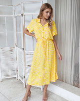 Vintage Floral Print Dress Women Boho Short Sleeve Long Dress Turn Down Collar Casual Waistband Shirt Dresses Robe 2021 Summer