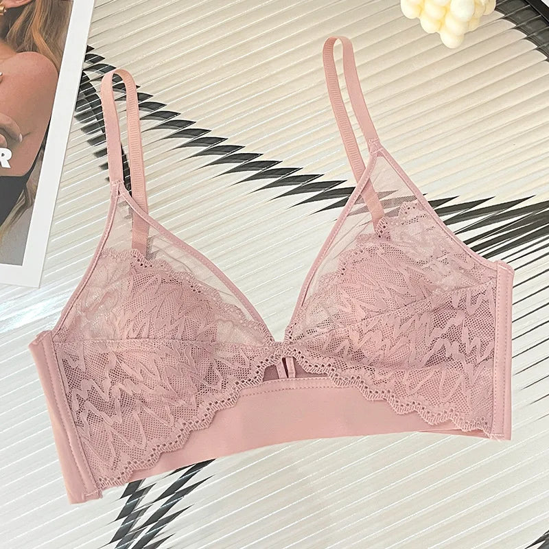 Sexy Lace Crop Top Deep V Backless Camisole Hollow Mesh Bra Female Solid Color Seamless Underwear Removable Chest Pad Tank Top