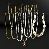 7Pcs/Set Boho Starfish Conch Rice Beads Pendant Necklace for Women Fashion White Color Multi layered Necklace Set Summer Jewelry