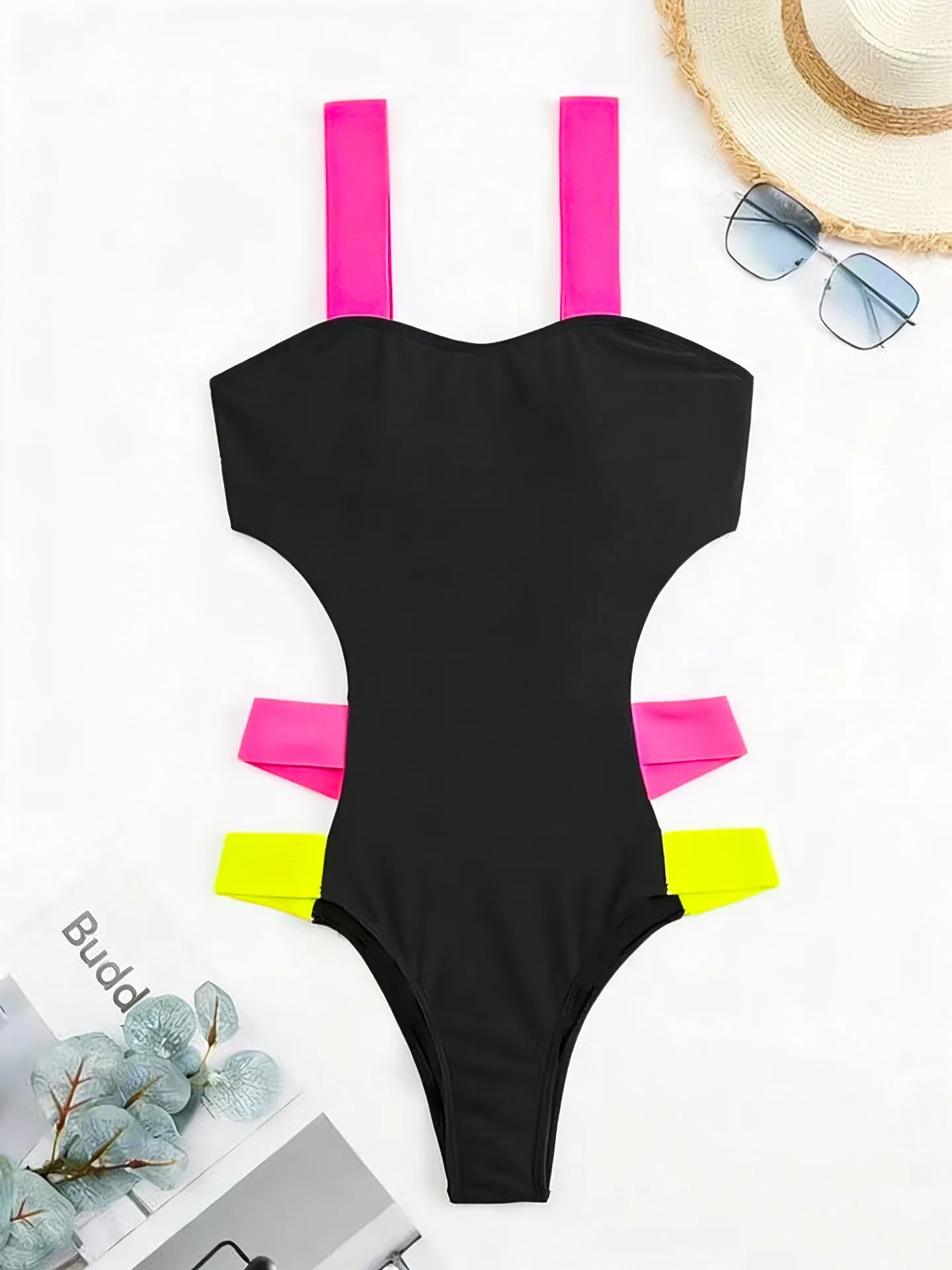 Sexy Black Contrast One Piece Swimsuit 2026 Women Neon Strap Hollow Out Backless Monokini Summer Bathing Suit Patchwork Swimwear