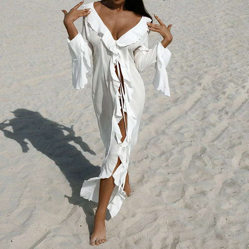 Beach Cover Up Cover-ups Dress Chiffon Long Sleeve Sunscreen Beachwear Womens Clothing Sexy V Neck Ruffled Black White New Tunic