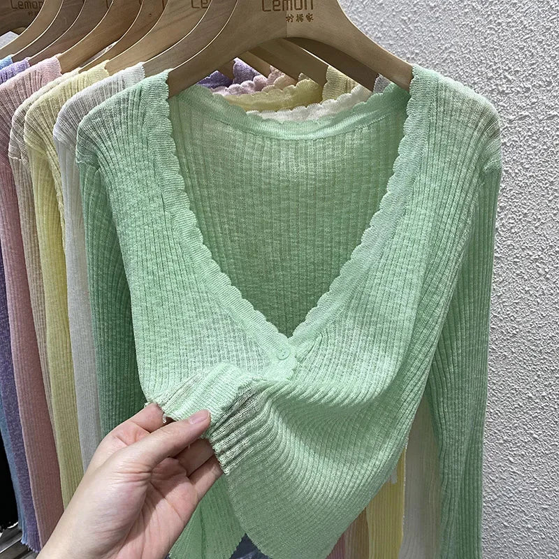 Summer Short Ice Silk Knitted Sun Protection Cardigan Women's Thin Suspender Skirt Layered Gauze Jacket Air-conditioned Cover Up