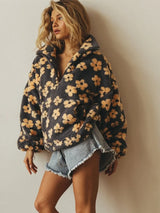 Bornladies New Autumn Winter Women's Sherpa Floral Pullover Hoodies Half Zip Style Loose Fit Warm Stylish Sweatshirt