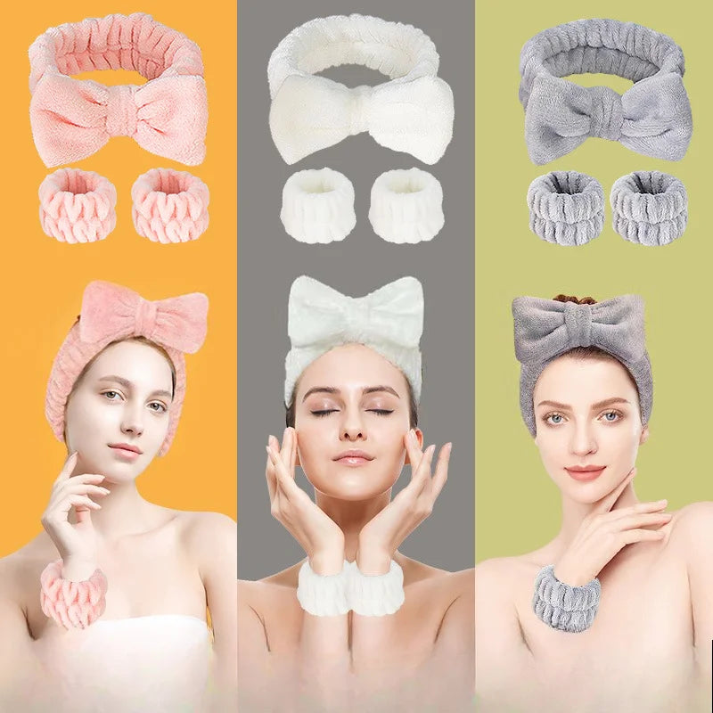 Women's Soft Coral Fleece Headband Wide Bow Hair Band Wristband for Skincare Face Washing Hair Accessories