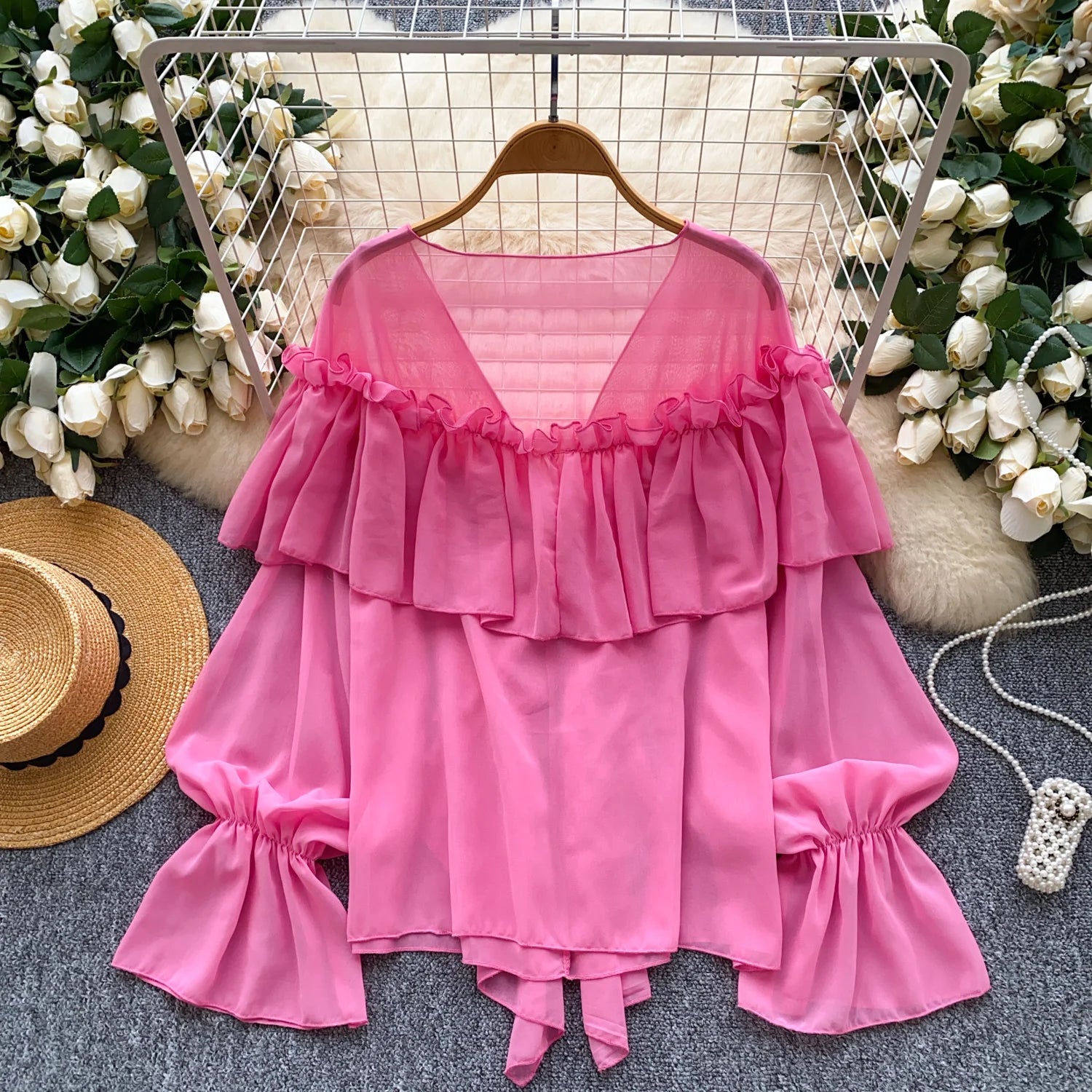 SINGREINY Chic Ruffles Splice Chiffon Blouse V Neck Flared Sleeve Loose Tops 2025 Fashion Solid Fairycore Vacation Women Shirt