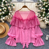 SINGREINY Chic Ruffles Splice Chiffon Blouse V Neck Flared Sleeve Loose Tops 2025 Fashion Solid Fairycore Vacation Women Shirt