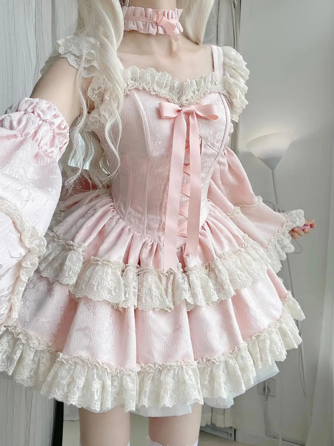2025 Japanese Sweet Lolita Kawaii Dress Women Spring Printed Bow Fake Two Piece Dress Female Korea Style Design Party Clothing