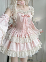 2025 Japanese Sweet Lolita Kawaii Dress Women Spring Printed Bow Fake Two Piece Dress Female Korea Style Design Party Clothing