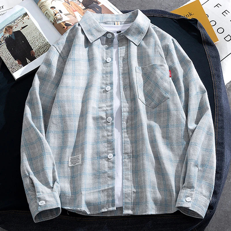 Men's Casual Plaid Shirts Autumn Fashion Long-sleeved T-shirts Korean Loose High Street Shirt Outwear Young Adults Spring Top