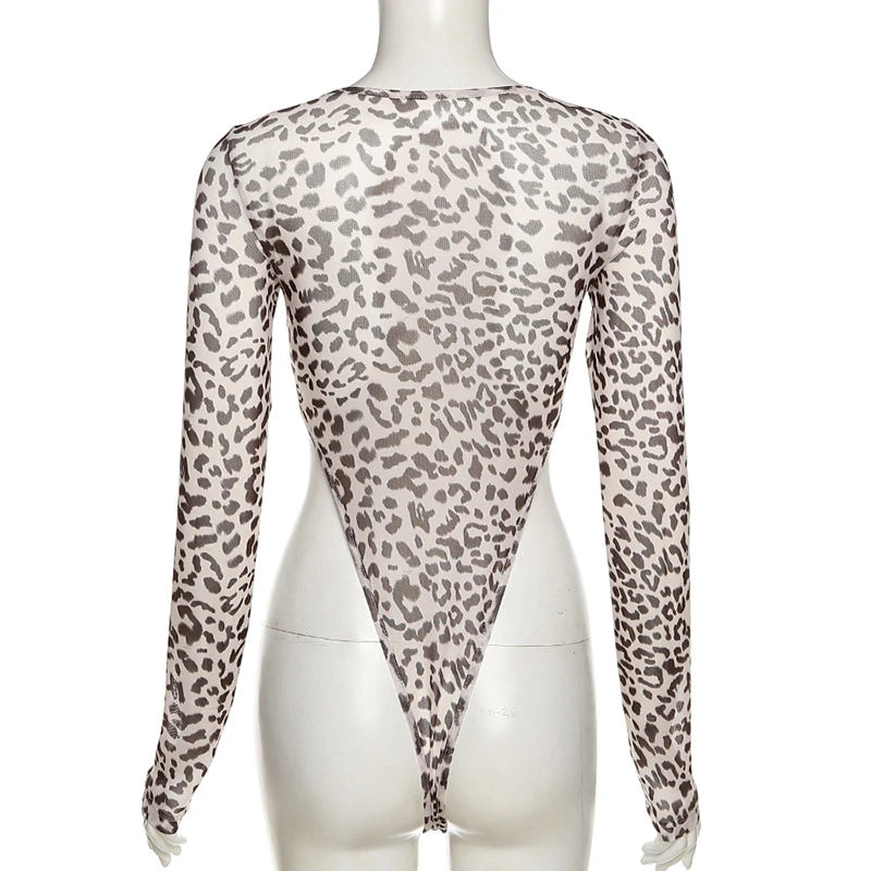 Huhugirl Leopard Print Skinny Bodysuit Women Rompers Sexy Slim Fit Long Sleeves U-neck Bodycon Tops Female Jumpsuits Overalls