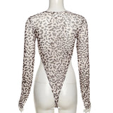Huhugirl Leopard Print Skinny Bodysuit Women Rompers Sexy Slim Fit Long Sleeves U-neck Bodycon Tops Female Jumpsuits Overalls