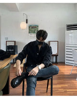 New Korean Business Men Shirts Light Luxury Slim-fit Solid Color Long Sleeve Cardigans Leisure Breathable Solid Color Basic Tops
