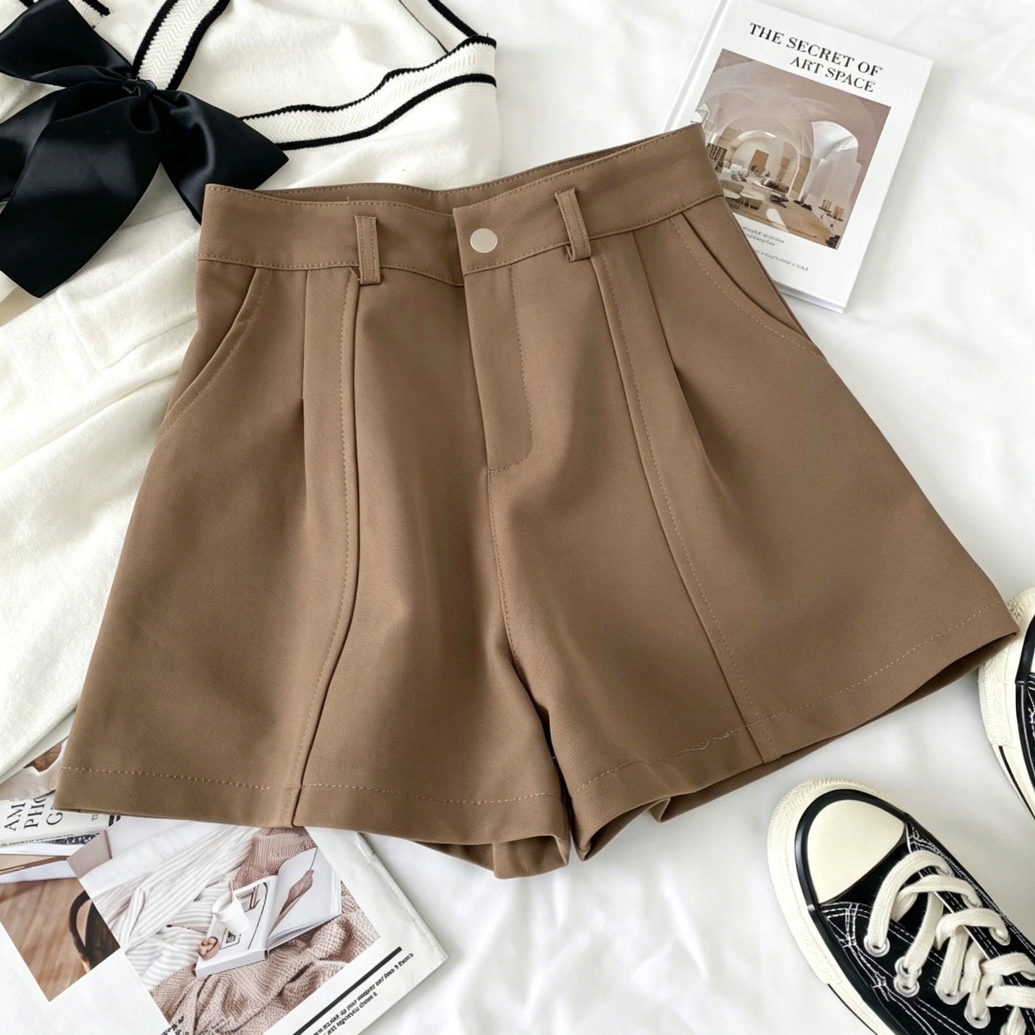 Casual Women A-Line Shorts Fashion Office Lady Commute Vintage Solid High Waist Short Pants Casual Streetwear Summer Trousers