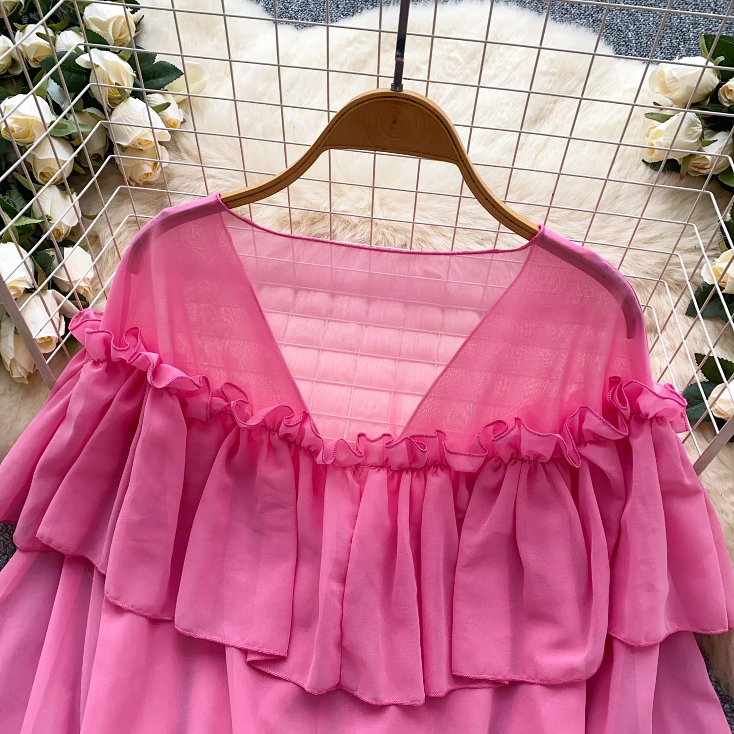 SINGREINY Chic Ruffles Splice Chiffon Blouse V Neck Flared Sleeve Loose Tops 2025 Fashion Solid Fairycore Vacation Women Shirt