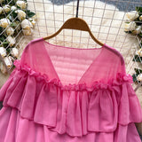 SINGREINY Chic Ruffles Splice Chiffon Blouse V Neck Flared Sleeve Loose Tops 2025 Fashion Solid Fairycore Vacation Women Shirt