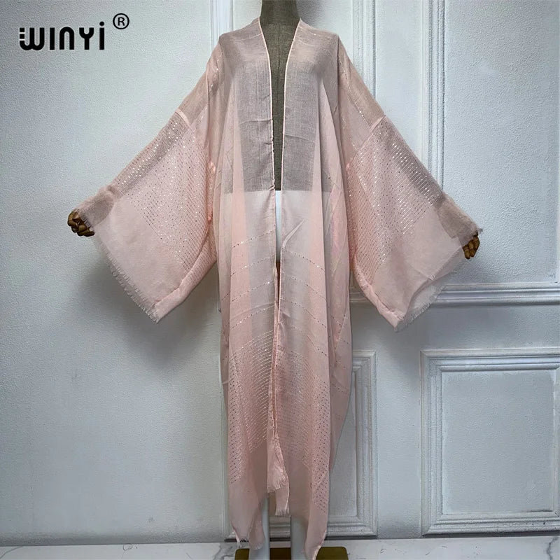 WINYI 2023 Women Bohemian Gold Thread Monochrome Elegant Casual Dress African Cardigans Outerwear For Women Summer Sexy Kimono