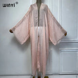 WINYI 2023 Women Bohemian Gold Thread Monochrome Elegant Casual Dress African Cardigans Outerwear For Women Summer Sexy Kimono
