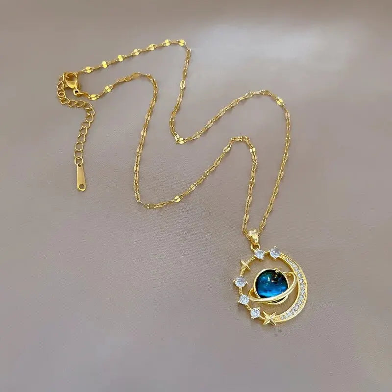Stainless Steel Clavicle Chain Exquisite Starry Sky Planet Light Luxurious Temperament Gorgeous Necklace Star and Moon Versatile