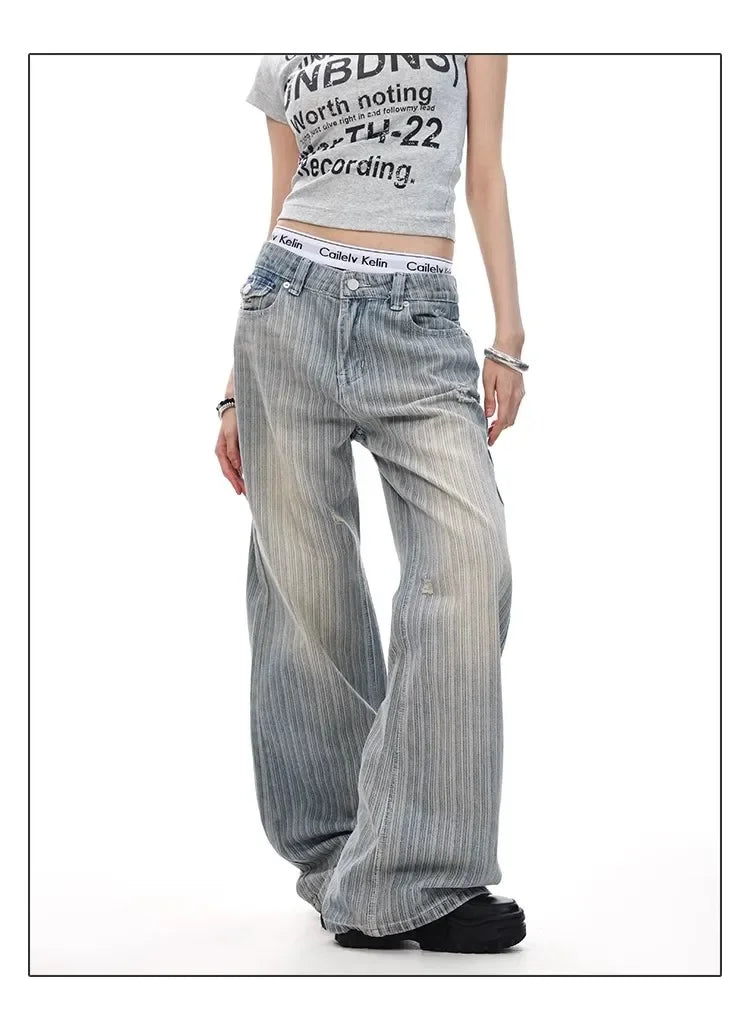 2025 Retro American Waed Striped Hole Denim Jeans Loose High Street Micro Flared Cleanfit Casual Long Trousers for Men And Women