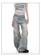 2025 Retro American Waed Striped Hole Denim Jeans Loose High Street Micro Flared Cleanfit Casual Long Trousers for Men And Women