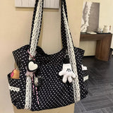 Women Shoulder Bag For Korean Vintage Canvas Cute Lace Large Capacity Tote Multi Pocket Handbag Fashion Round Dot Underarm Bag