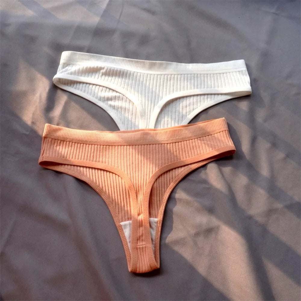 3 Pcs Seamless Ladies Ribbed Cotton Thong Simple Women's Low Waist Bikini Briefs Sports Girls Underwear Plus Size
