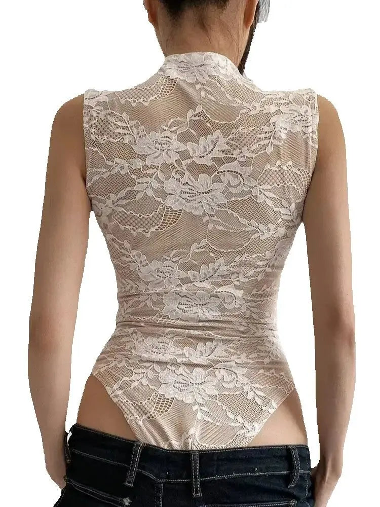 2025 Women's Summer Elegant Beige Black Sleeveless Lace Bodysuits Lady Luxury High Quality Street Bodycon Rompers Jumpsuits Tops