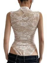 2025 Women's Summer Elegant Beige Black Sleeveless Lace Bodysuits Lady Luxury High Quality Street Bodycon Rompers Jumpsuits Tops