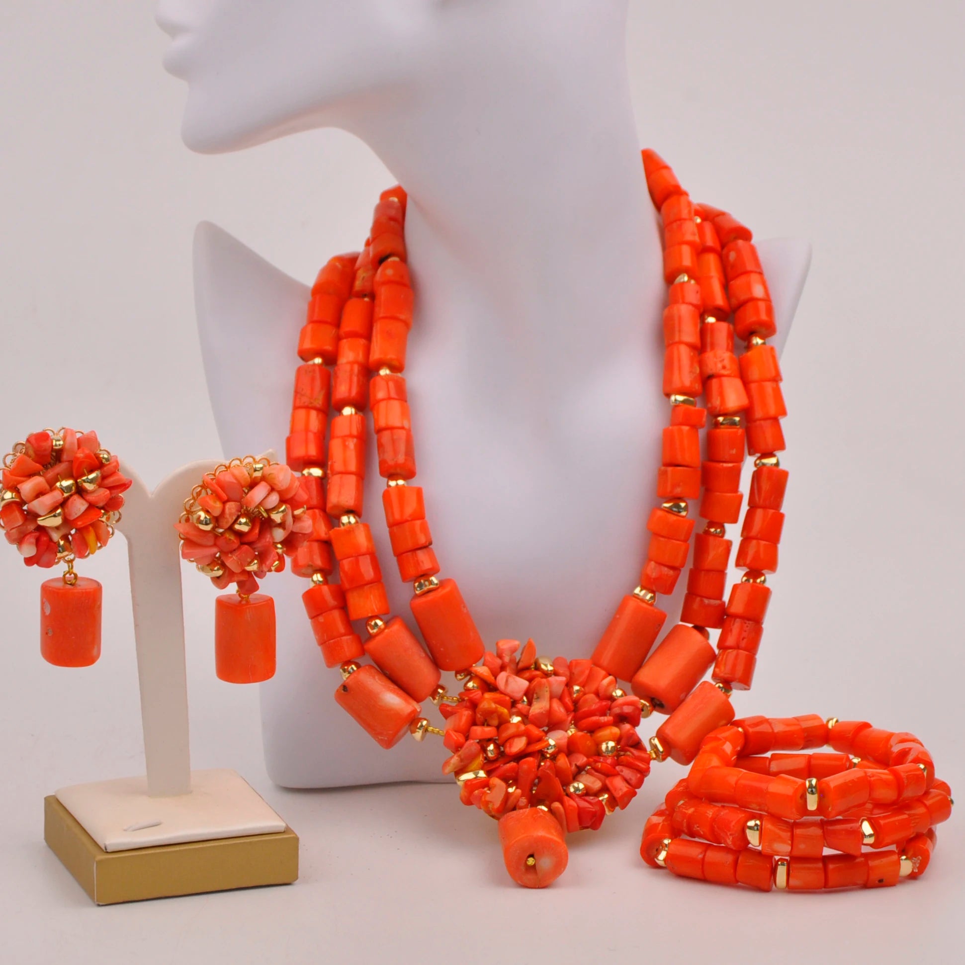 32inches 2Layers orange artifinal nigerian coral bead jewelry set wedding