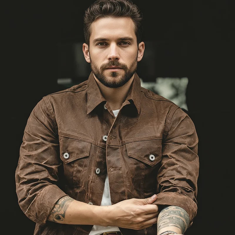 Maden Retro Heavyweight Canvas Oil Waxed Jacket Cotton Waterproof Hunting Coat Male Spring Khaki Casual Work Safari Style Jacket
