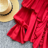 SINGREINY Chic Ruffles Splice Chiffon Blouse V Neck Flared Sleeve Loose Tops 2025 Fashion Solid Fairycore Vacation Women Shirt