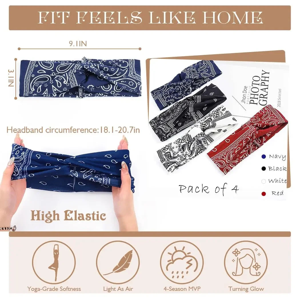 4PCS Headbands for Women Knotted Headband Elastic Head Bands Women's Hair Band Non-Slip Turban Printed Stylish Sport Sweat Hair Wrap for Girls Cute Hair Accessories