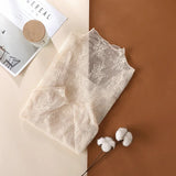 Women Elegant High Neck Polka Dot Blouse Mesh Lace Stitching Puff Long Sleeve Shirt Slim Fit Office Ladies Fashion Daily Tops