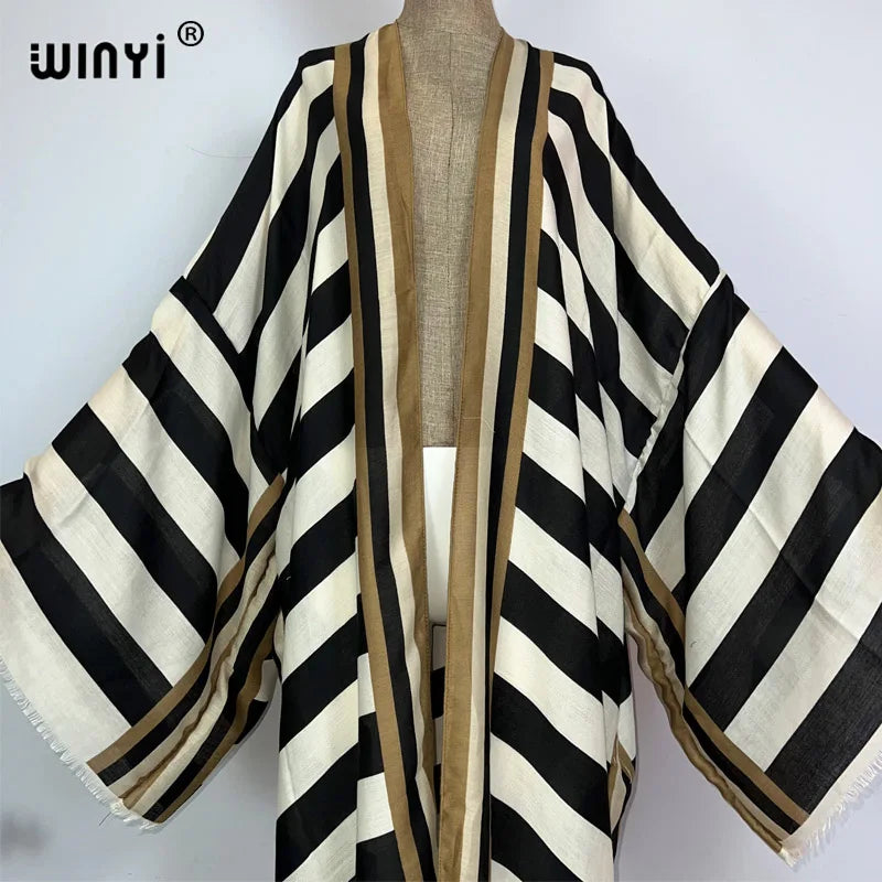 WINYI Kimono Africa Summer Boho Stripe Print Beach Swimwear Elegant Cardigan Sexy Holiday Maxi Beach Wear Swimsuit Evening Dress