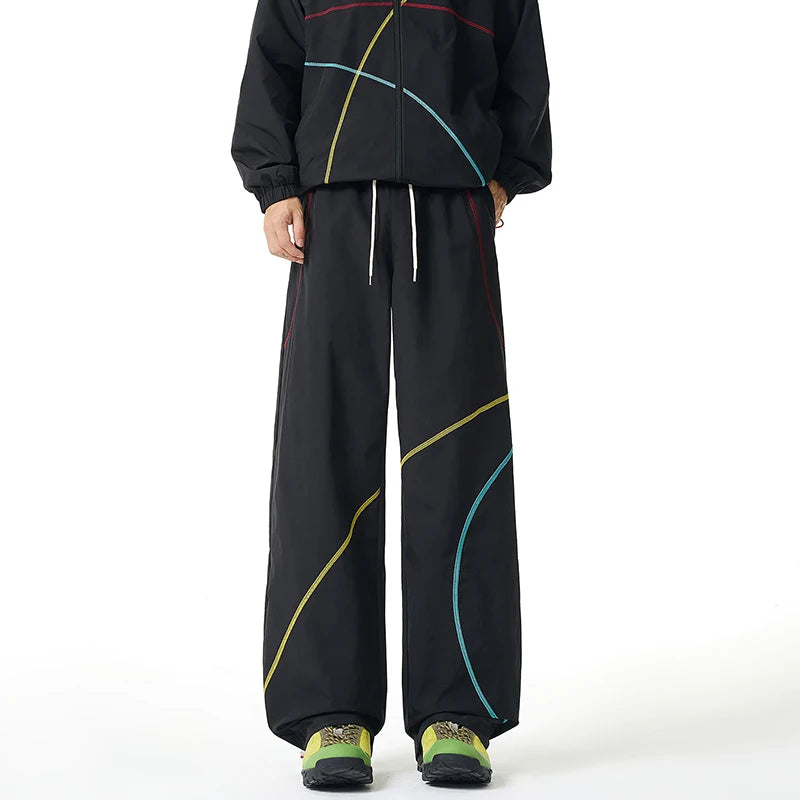 Unisex 2‑Pieces Tracksuit Set Color Contrast Stitching Stand Collar Zip‑Up Jacket Wide Leg Pants Windproof Outdoor Hiking Set