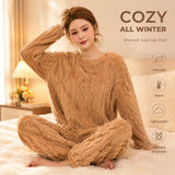 Women's Thickened Warm Sleepwear coral velvet homewear Fluffy O-neck leisure pajamas Striped Large Size Adapted Winter Sleepwear