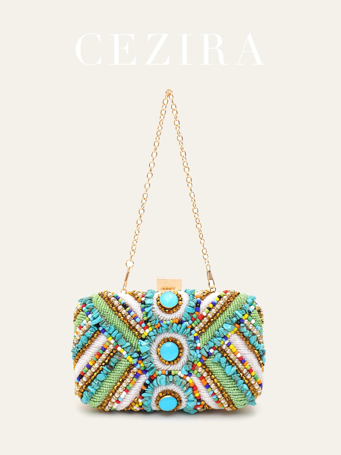 Women's Glamorous Luxury Colorful Beads Pearls Clutch Metal Frame Case Evening Bag Long Chain Purse Party Holiday Travel Tribal