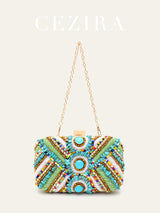 Women's Glamorous Luxury Colorful Beads Pearls Clutch Metal Frame Case Evening Bag Long Chain Purse Party Holiday Travel Tribal