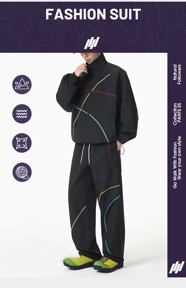 Unisex 2‑Pieces Tracksuit Set Color Contrast Stitching Stand Collar Zip‑Up Jacket Wide Leg Pants Windproof Outdoor Hiking Set