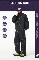 Unisex 2‑Pieces Tracksuit Set Color Contrast Stitching Stand Collar Zip‑Up Jacket Wide Leg Pants Windproof Outdoor Hiking Set