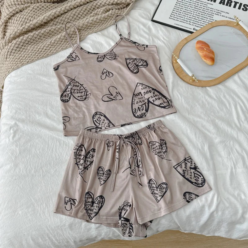 Women Sexy Pajama Ladies Satin Pajama Print Round Neck Ice Silk Top T-Shirt and Shorts Sets Breathable Comfortable Home Wear New