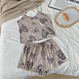 Women Sexy Pajama Ladies Satin Pajama Print Round Neck Ice Silk Top T-Shirt and Shorts Sets Breathable Comfortable Home Wear New