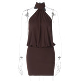 Dulzura Summer Fashion Sexy Halter Sleeveless Lace Up Backless Bodycon Mini Dress Women'S Solid Elegant Party Club Street Outfit