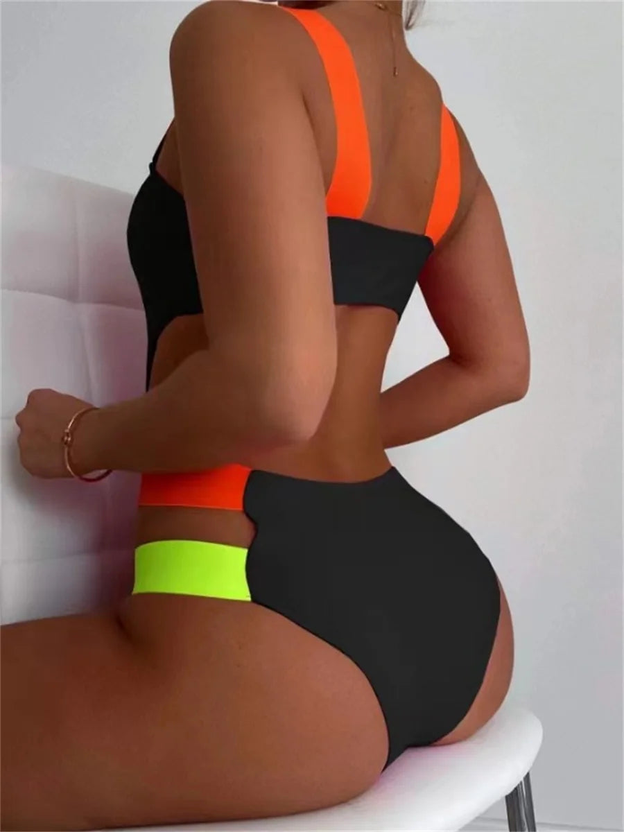 Sexy Black Contrast One Piece Swimsuit 2026 Women Neon Strap Hollow Out Backless Monokini Summer Bathing Suit Patchwork Swimwear