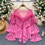 SINGREINY Chic Ruffles Splice Chiffon Blouse V Neck Flared Sleeve Loose Tops 2025 Fashion Solid Fairycore Vacation Women Shirt