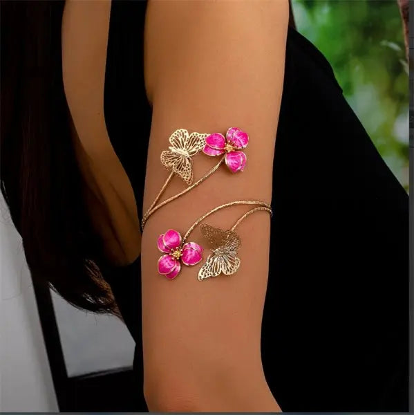 Bohemian Enamel Flower Cuff Bracelets for Women Fashion Gold Color Floral Upper Arm Open Bangle Beach Party Jewelry Gift